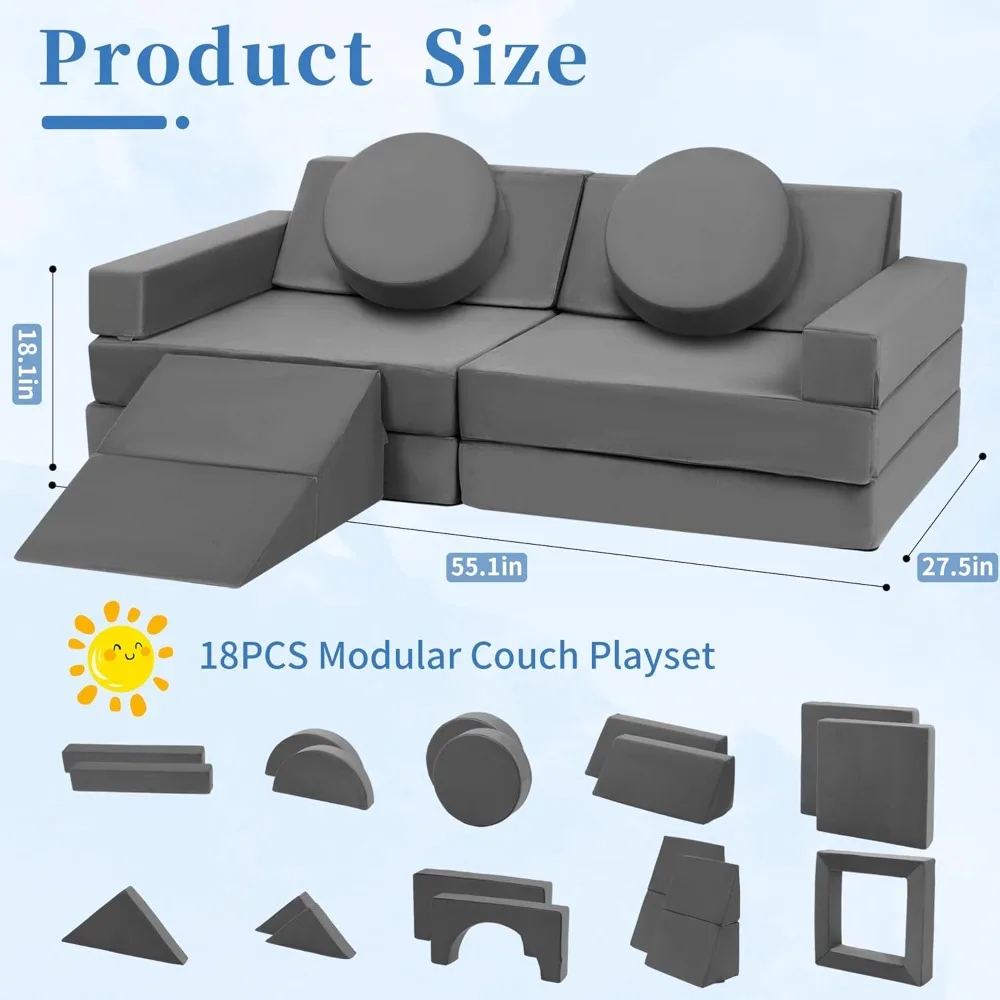 Toddler Couch Kids Sofa Modular - 18pcs Children Couches Building Fort, Convertible Foam Playing Cushion Creative Playroom