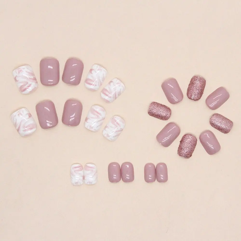 Detachable Short Round False Nails French Glitter Slices Fake Nails Full Cover Flowers Nail Tips for DIY