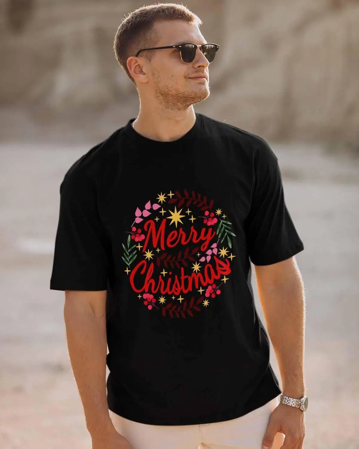 Men's T-Shirt, Novelty Graphic T-Shirt Red Merry Christmas Berry Leaves Cotton Crew Neck Men's Short