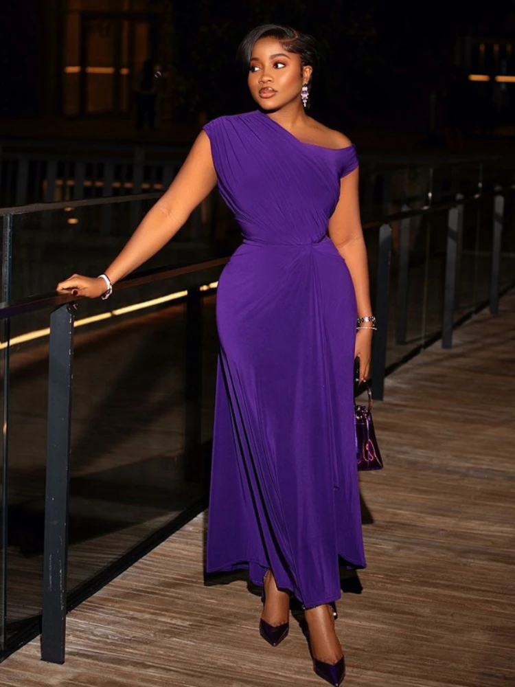 

2025 Africa Spring Summer Dresses for Women Solid Color Diagonal Collar Purple A-line Long Dresses Sleeveless Women's Long Dress