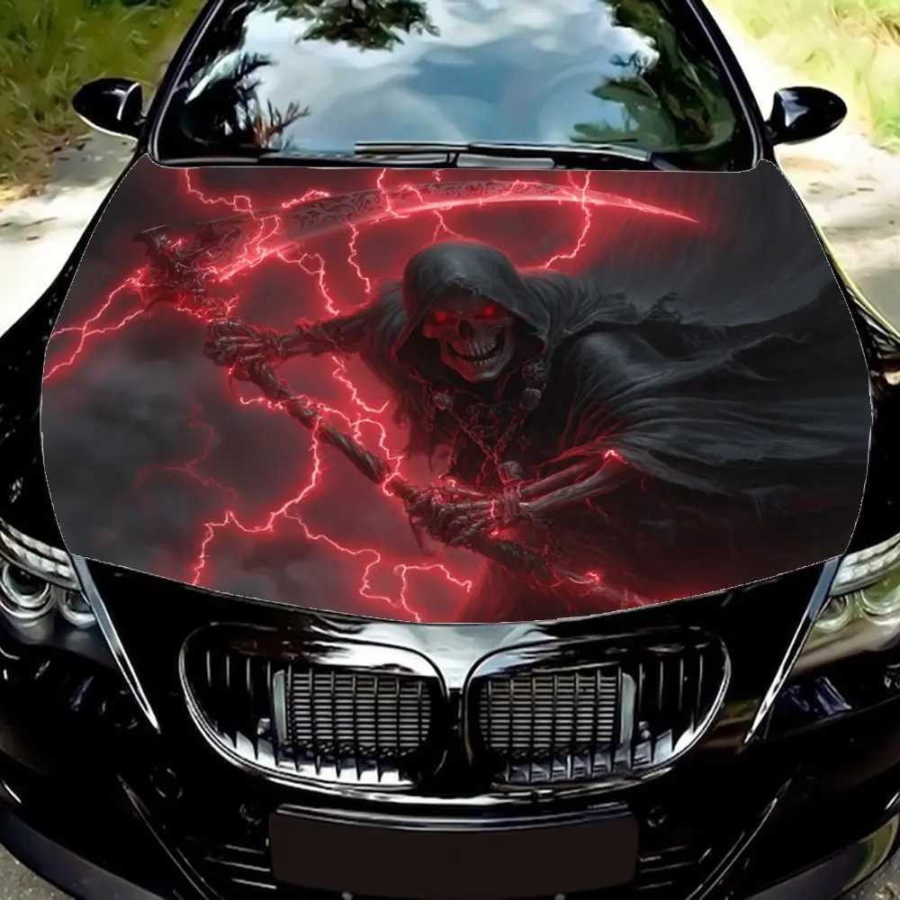 

Наклейка на капот автомобиля с изображением черепа и красной молнией, прочная виниловая пленка для большинства автомобилей, для капота двигателя.