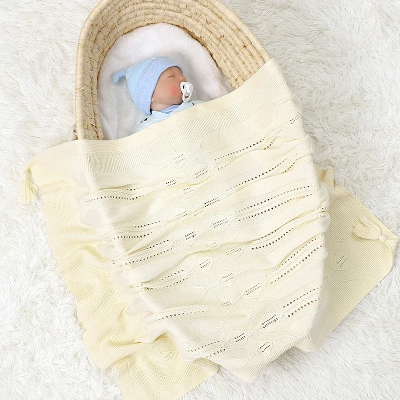 Baby Blanket Knit Cotton Infant Stroller Swaddling Soft Toddler Sleep Sack Plaid Newborn Girl Bed Quilt 100*80CM Fashion Tassel