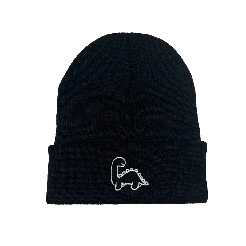 Autumn Winter Cartoon Dinosaur Embroidery Beanie Knitted Hats Outdoors Soft Warm Skullies Cap For Men Women