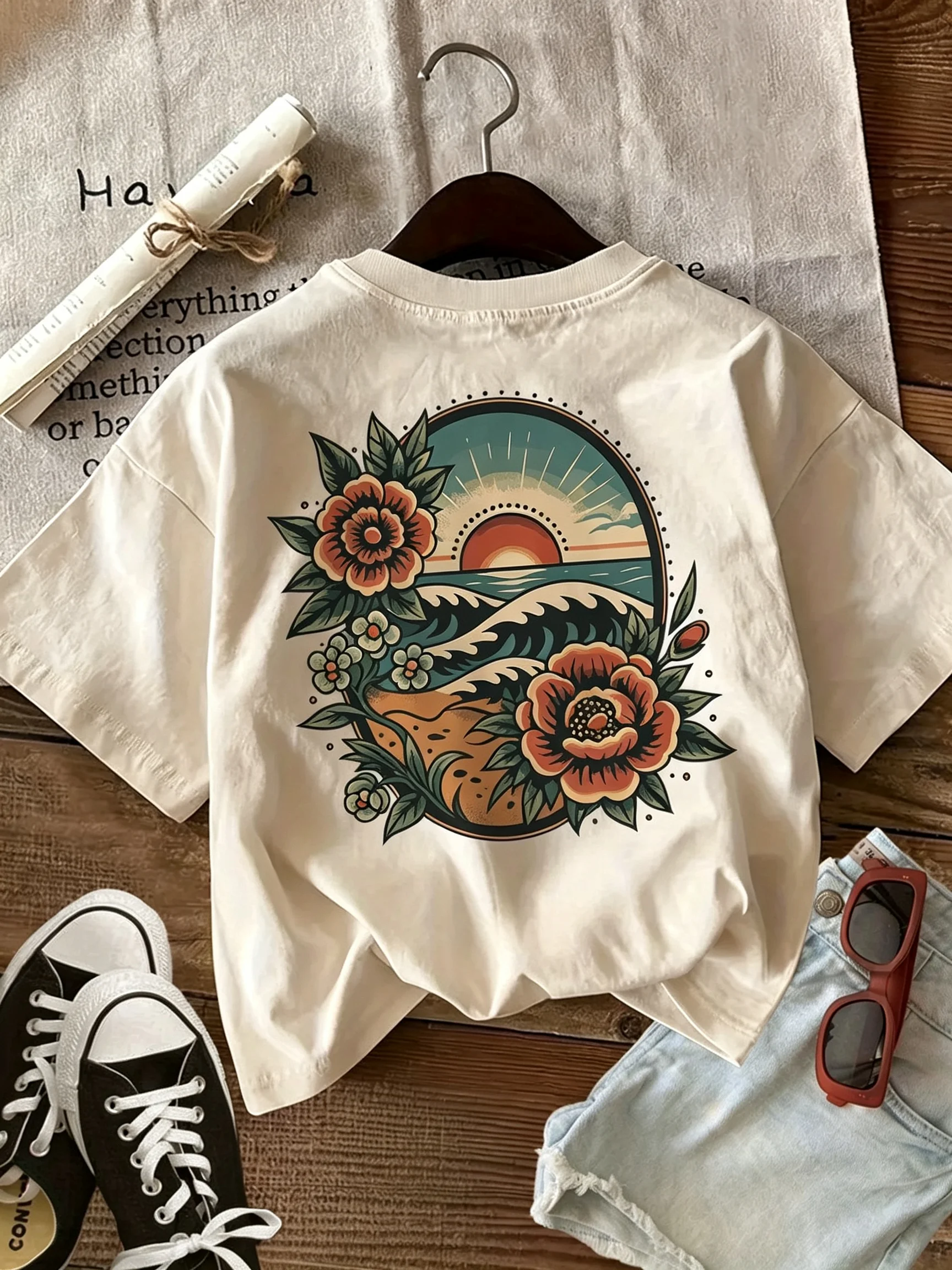 2026 New Vintage Tattoo Style Family Matching Unisex Oversized T Shirt Retro Ocean Sun Flower Back Print White Streetwear Tops