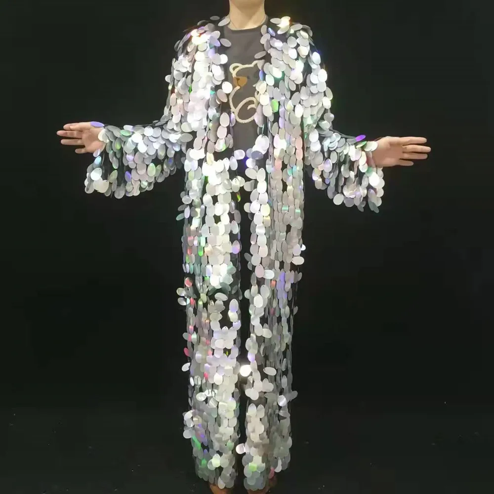 Glitter Silver Sequins Super Long Coat Male Women Stage Show Reflective Mirror Cloak Singer Leading Dance Hip Hop Punk Overcoat