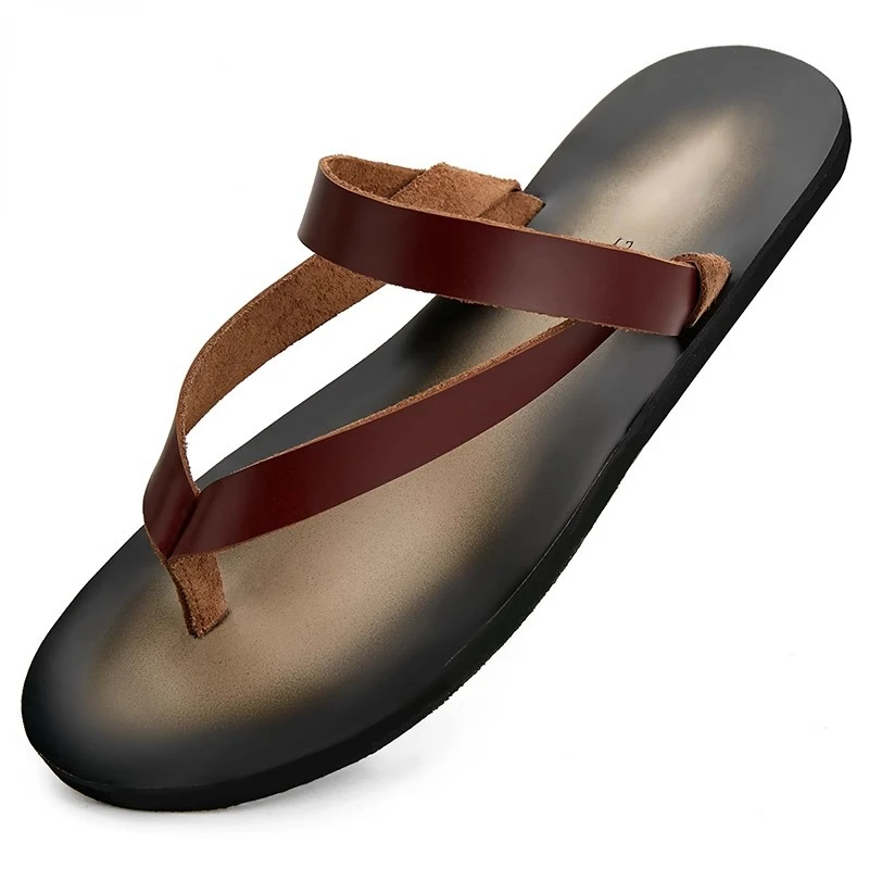 Luxury Genuine Leather Mens Flip Flops Flat Fashion Outdoor Beach Shoes Handmade Quality Comfortable 2026 Summer Slippers Man