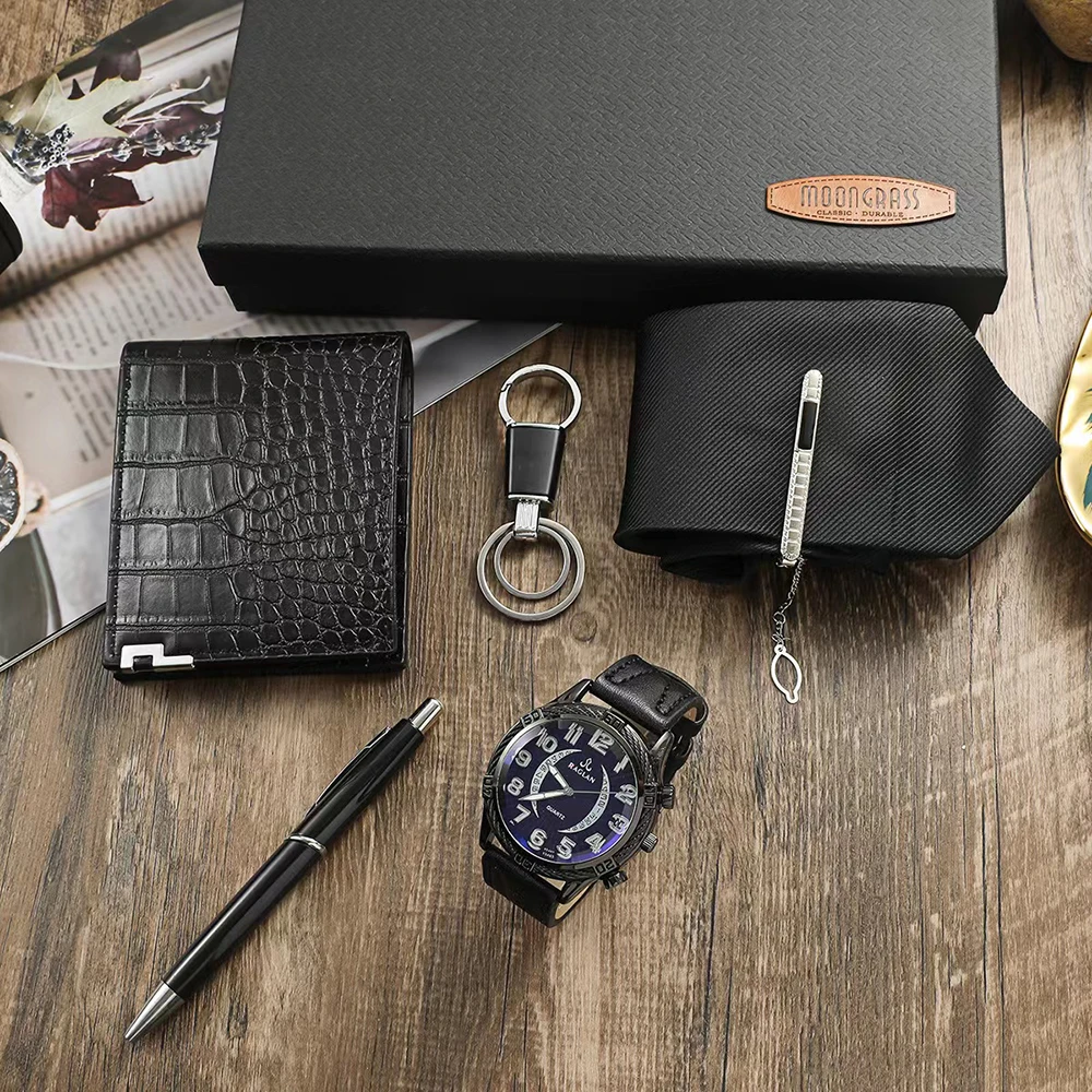 Fashion Watch Men Luxury Gifts Set Men\'s Quatrz Wristwatch Top Quality Folding wallet Tie Keychain Ballpoint Pen For Father Male