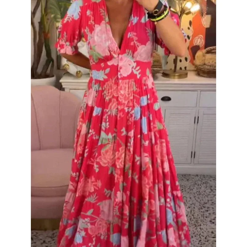 Zomer Maxi Jurk Vrouwen Casual Bohemian V-Hals Korte Mouw Ruches Losse Een Lijn Midi Jurk Elegant Strand Feest Vestidos Straat