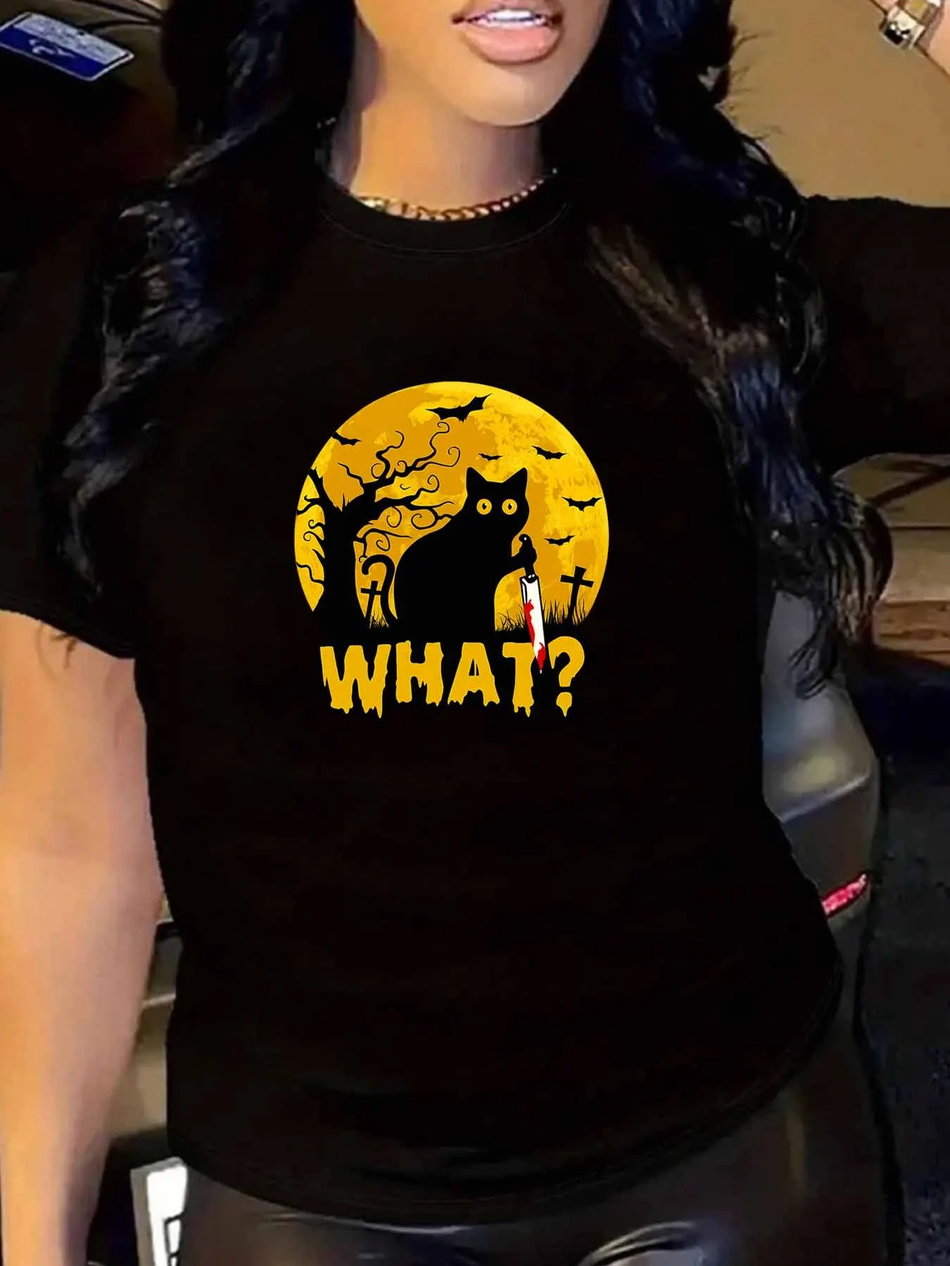 【005038】تيشيرت نسائي بمقاس كبير ورقبة دائرية وأكمام قصيرة مع نصف كم مرن ومطبوعات عصرية #1