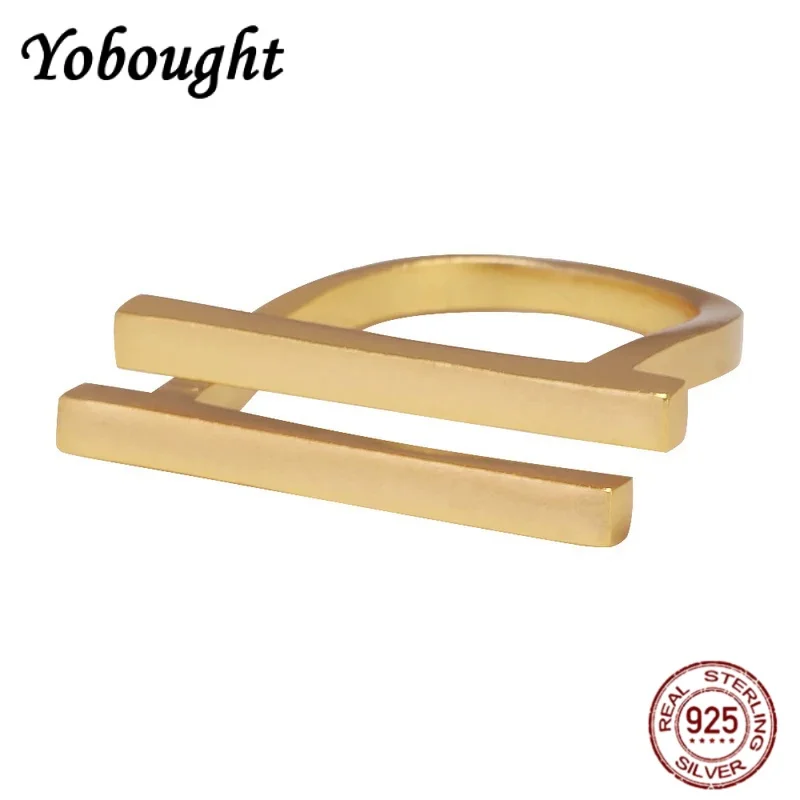 

925 Sterling Silver Geometric Line Simple Rings Women Gold Plated Chic Stacker Ring Hollow Square Female Minimalist Jewelry