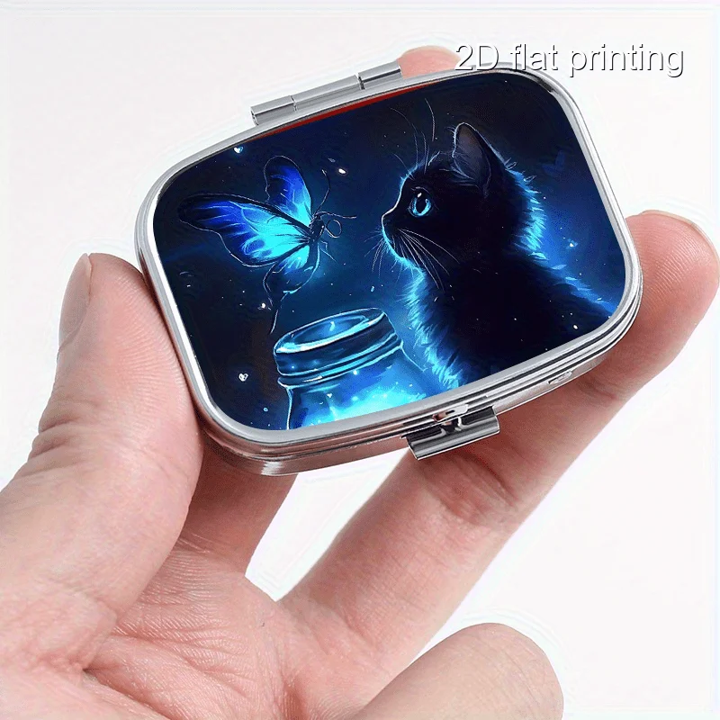 Black Cat Pattern Square Metal Box with Two Compartments, Mini Portable Metal Storage Box
