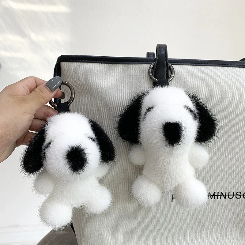 Mink Keychain Cute puppy Real Fur Pendant Women Bag Ornaments Little white dog Toys Car Key Metal Ring Decoration Trinket Gift