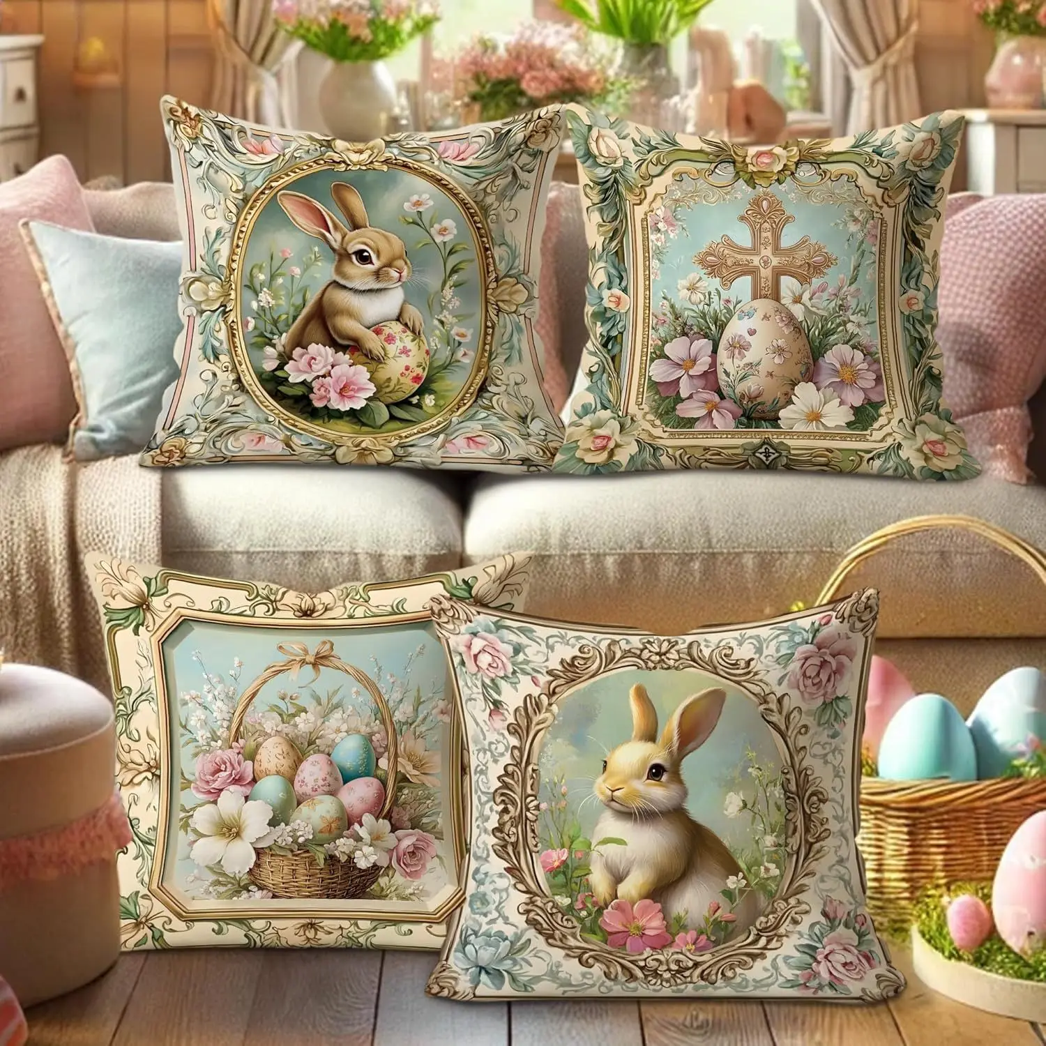 Easter Bunny Floral Pillow Case Cartoon Print Cushion Cover for Home Office Sofa