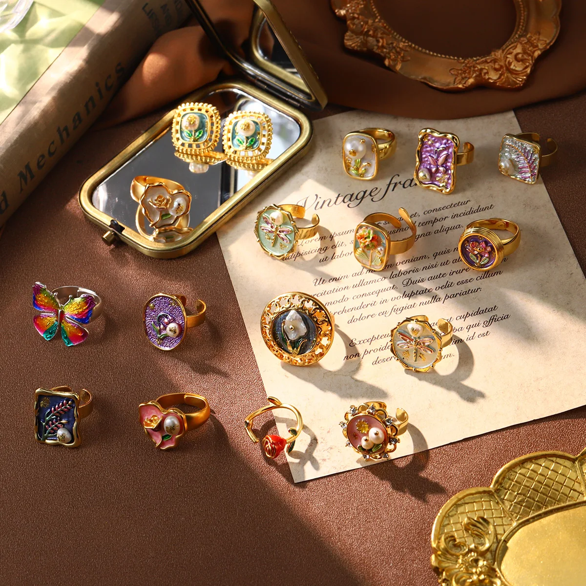 Pierścionki w stylu vintage, francuskie romantyczne, dla kobiet, barokowe, z perłami, emalią, luksusowa biżuteria, obraz olejny, róża, motyl, elegancki prezent.