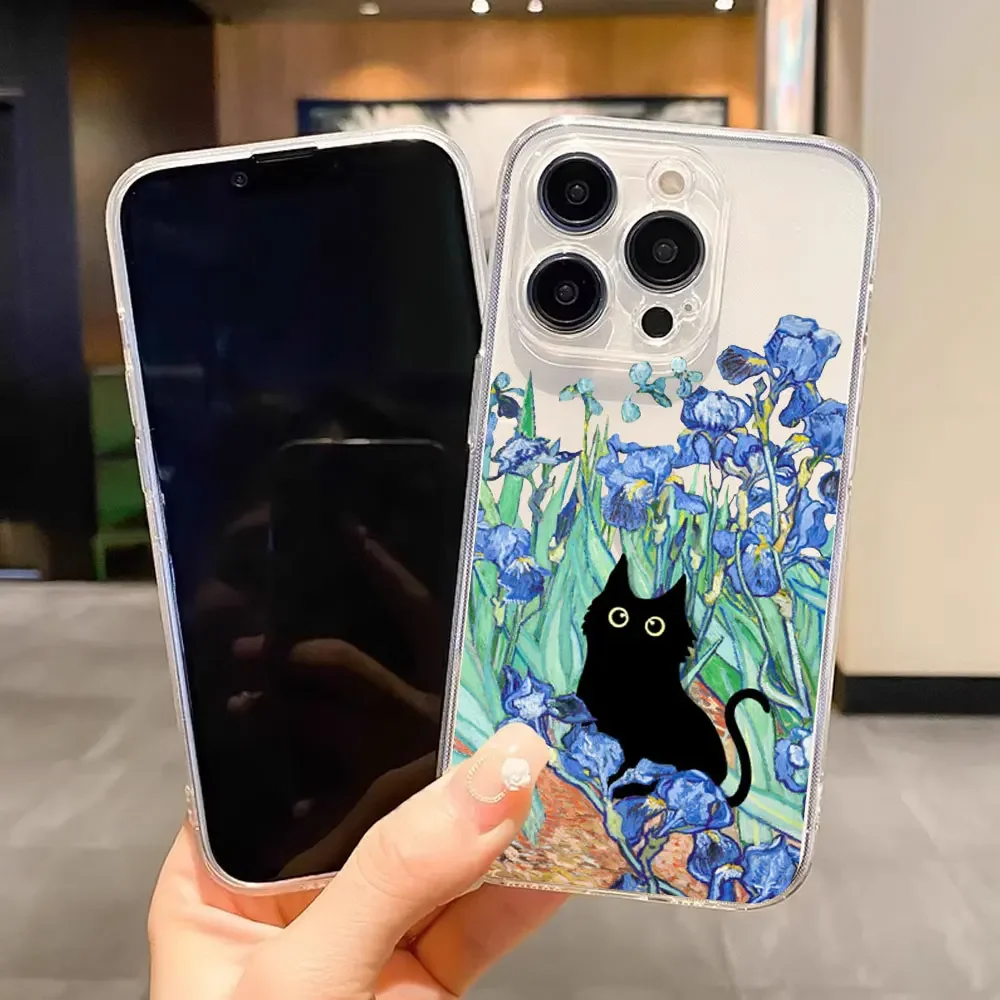 Retro Oil Painting Van-Gogh Cat Phone Case for IPhone 15 14 13 12 11 Pro Max Mini 7 8Plus SE2 X XS XR Clear Soft Silicone Covers