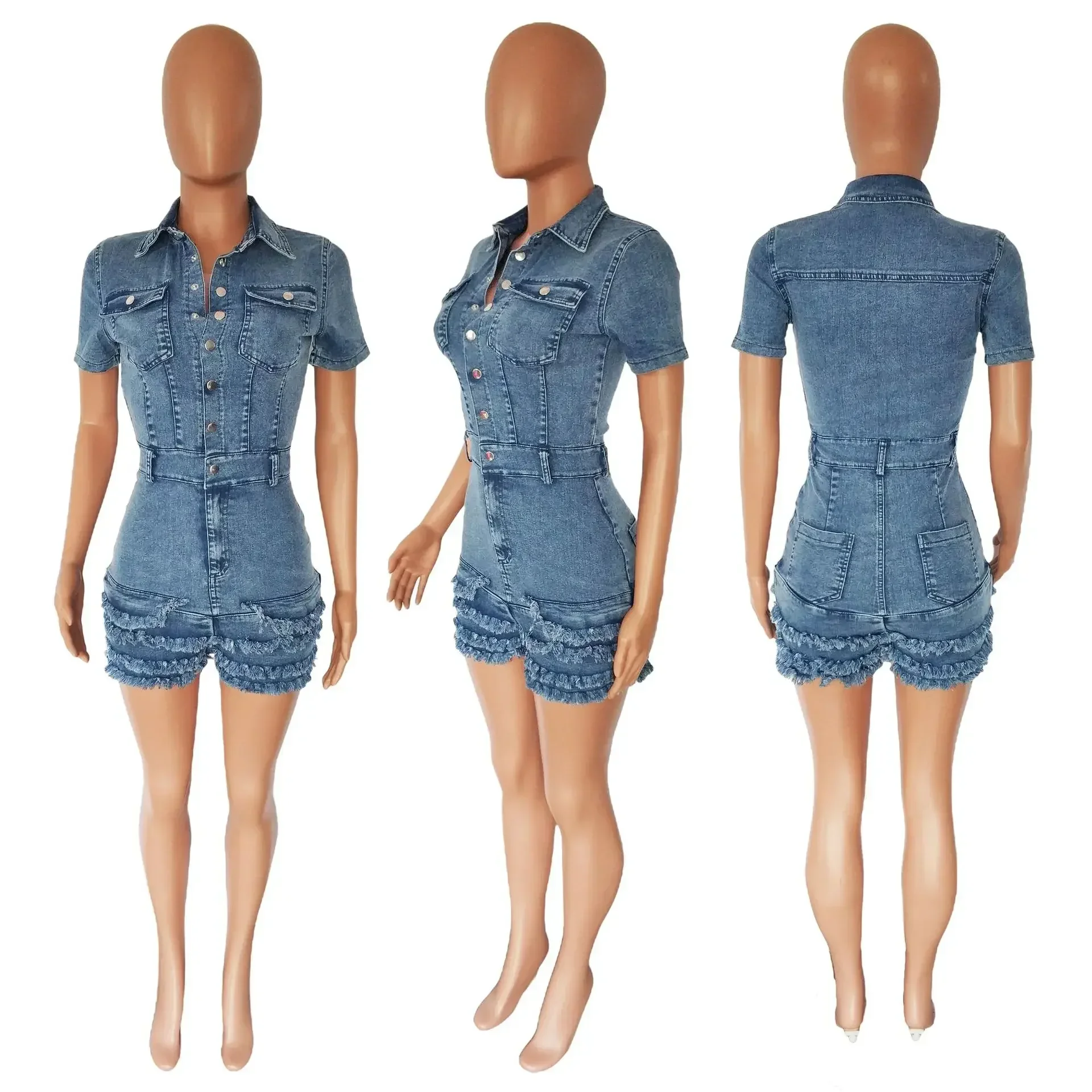 Elegant Women Jeans Tassel Hem Short Sleeve Buttoned Chic Overall 2023 New Fashion Denim Above Knee Playsuit Romper