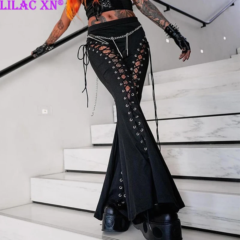 

Lilac XN Goth Black Hollow Out Flared Pants Y2K Sexy Eyelet Bandage Bodycon Long Trousers Women Pant New Fashion Streetwear