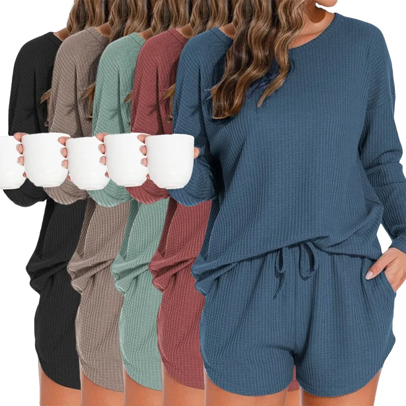 

Women's Solid Pajamas Set Long Sleeve Round Neck Top And Shorts Sleepwear 2 Piece Set For Women Casual Homewear Sport Suit