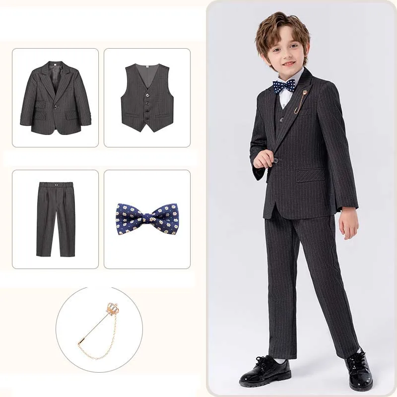 Prince Kids Spring 5Pieces/Set Jacket Vest Pants Bowtie Brooch Party Dress Boys Costume Children Graduation Photograph Suit