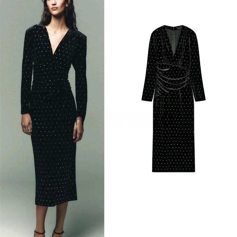 Winter Nieuwe Dames Fluwelen Midi Dr V-Ne Lange Sve iny Kraal Decoratie Pendelen Sle Polyestervezel Slim Fit Dr