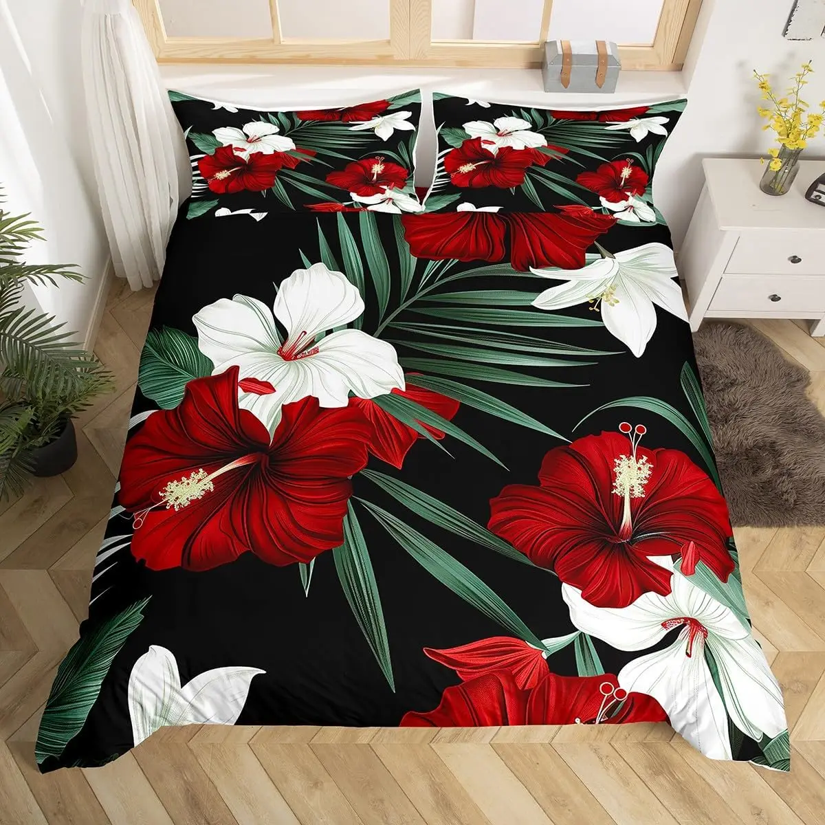 Hibiscus Duvet Cover Twin Colorful Rose of Sharon Bedding Set,Botanical Floral Comforter Cover Tropical Palm Leaves Quilt Cover