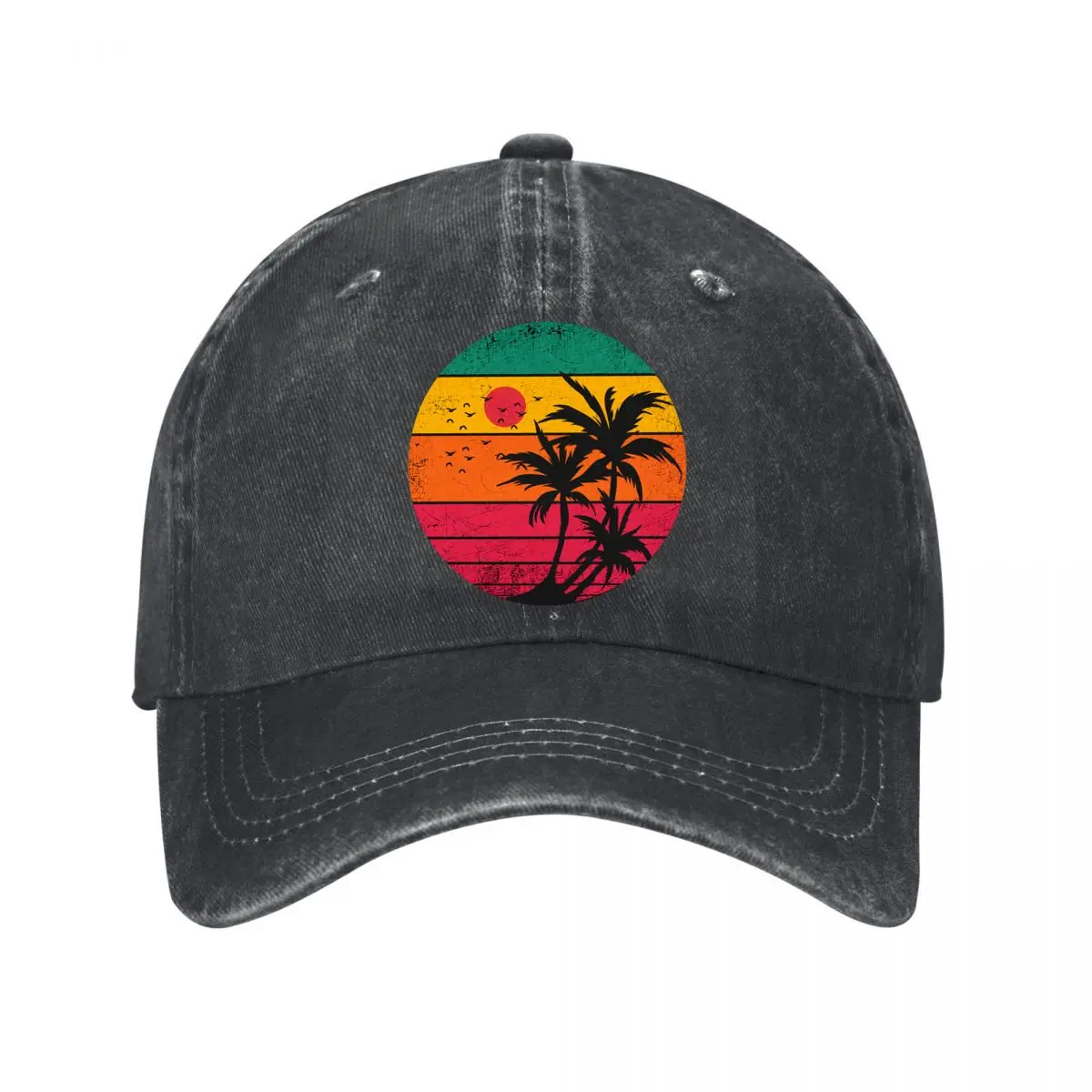Retro Tropical Sunset Palm Trees Birds Silhouette Graphic Washed Baseball Cap Outdoor Hat