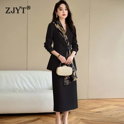 ZJYT Elegant Office Lady Long Sleeve Blazer Suit Skirt Sets for Women 2 Pieces Work Wear Plus Size Formal Business Outfit Autumn