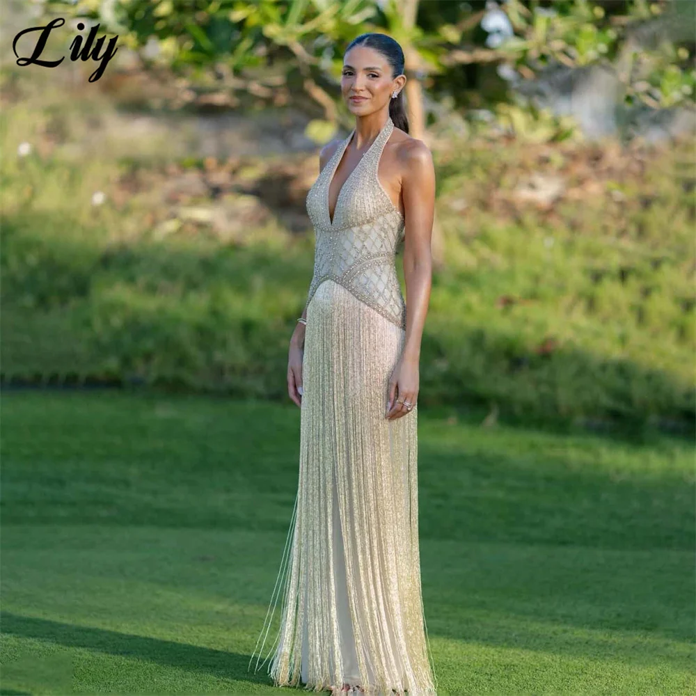 Lily Champagne Prom Dress Halter Sleeveless Celebrity Dress Beaded Bodice Women's Evening Dresses Tassel Formal Gown Customized