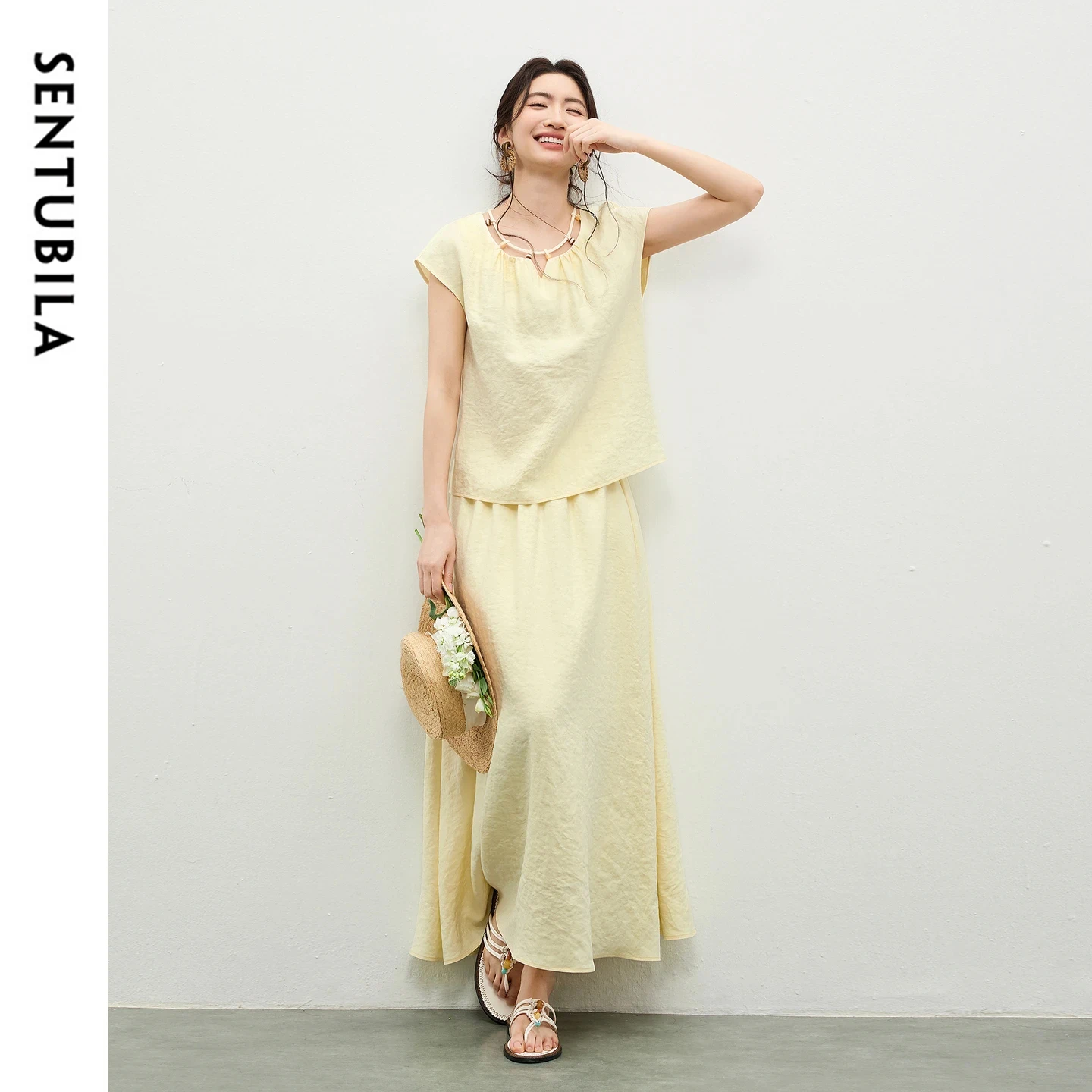 

SENTUBILA Women's 2 Piece Set Elegant Cut Out Beaded Round Neck Drop Shoulder Loose Top Elastic Waist A-Line Skirt Set 162ZK6036