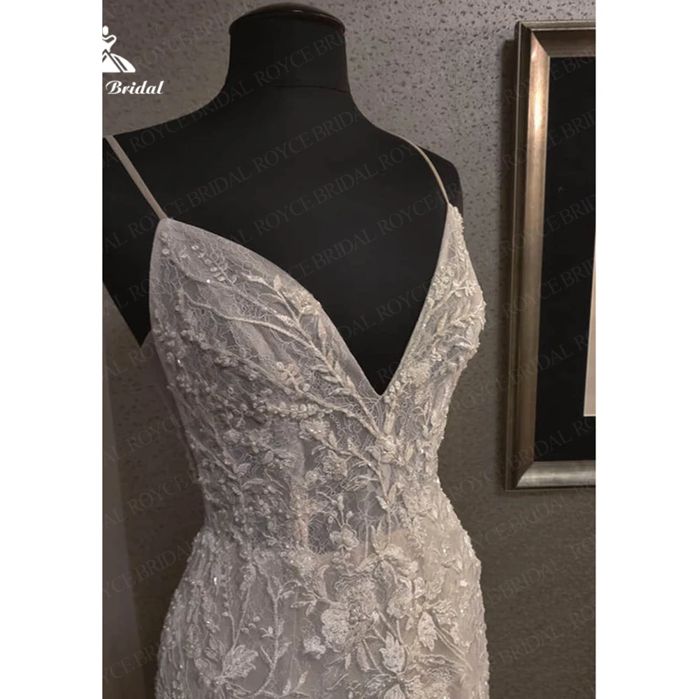 Luxury Beading Lace V Neck Boho Wedding Dresses Spaghetti Straps Floral Vestido Blanco Boda civil Buttons Back Bridal Gowns