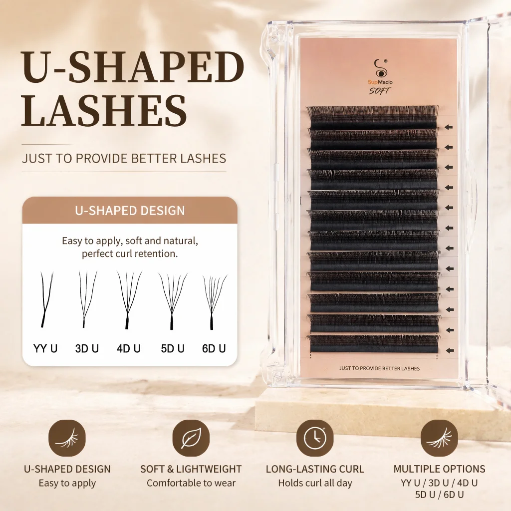 Supmacio U-förmige YY 3D 4D 5D Wimpernverlängerungen Neuer Stil U-Wimpernverlängerung Faux Mink Schmale Vorgefertigte Volumenfächer