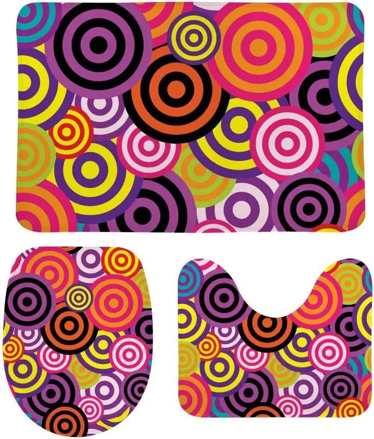 

Bath Mat with U-Shaped Contour Toilet Seat Cover, Colorful Abstract Circles, Super Soft Coral Fleece Memory Foam, Set of 3