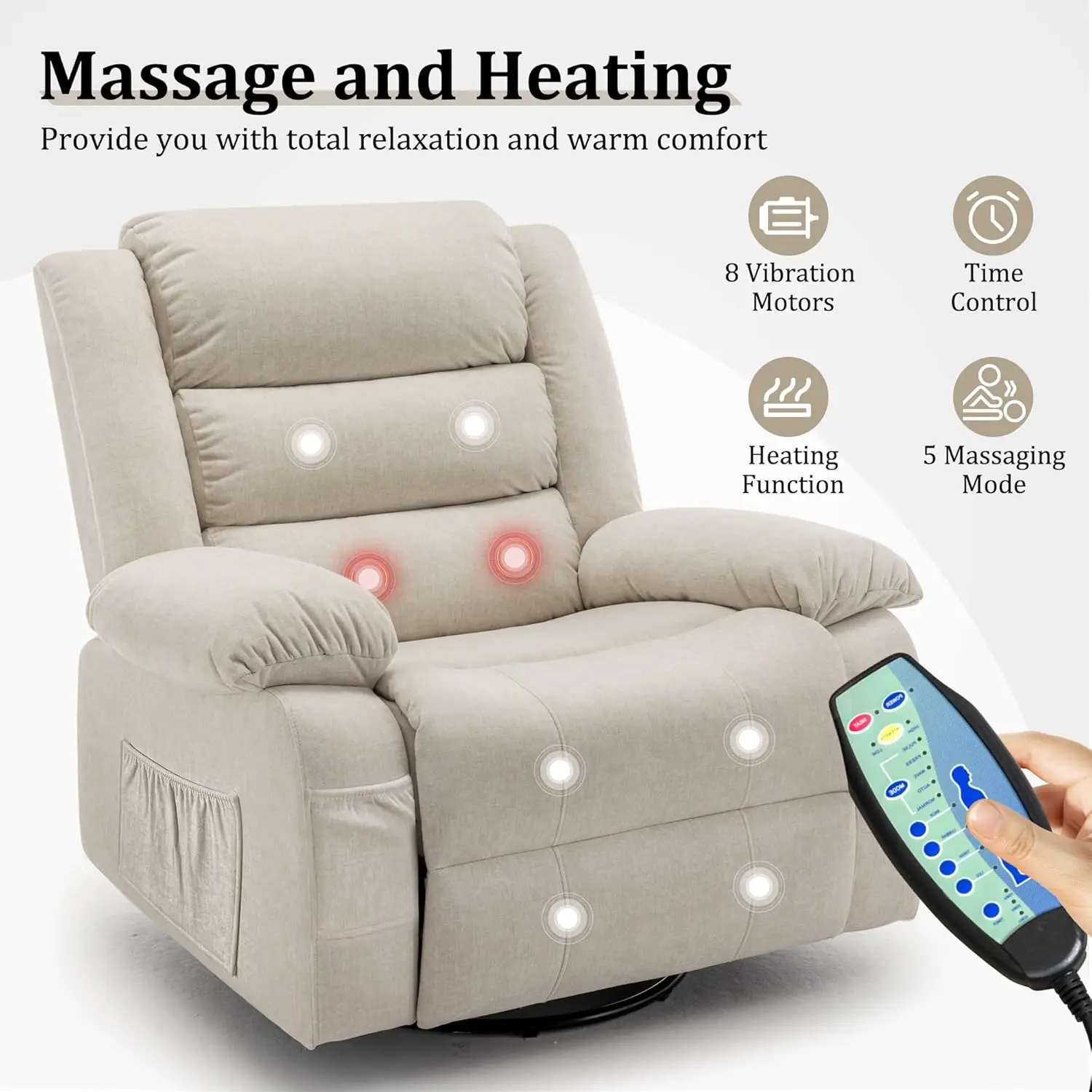 Recliner Chair, Wide Rocker Chair, Rocking Chair with Massage and Heat,360°Swivel Nursery Rocking Chairs, Oversized Recliner