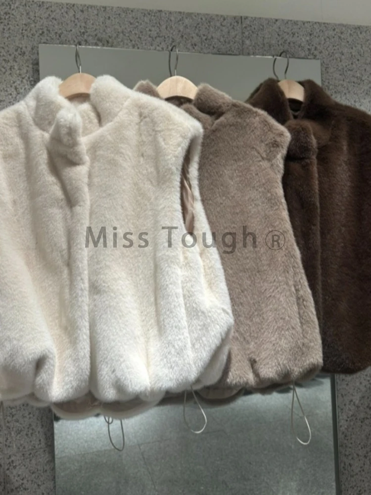 French Sle 2000s Vinatge Fur Vest Women Autunb Winter Fashion All-Matching Thickened Tops Korean Solid Loose Warm Casual Vests