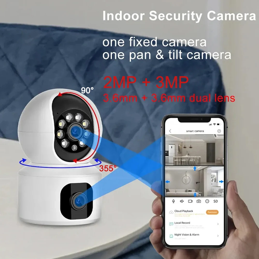 Smar-cámara de seguridad para el hogar, Monitor de bebé de 5MP con WiFi, pantallas duales, Audio bidireccional, cámaras IP de interior, vigilancia CCTV, ICSee