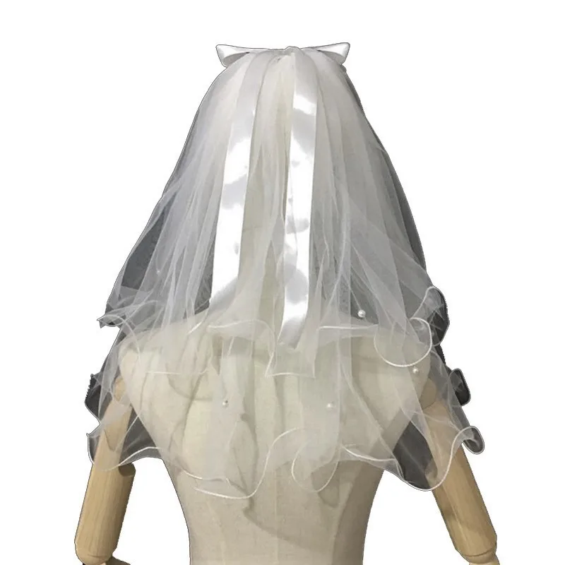 طرحة زفاف قصيرة مع مشط القوس اللؤلؤ 2 طبقات بسيطة اكسسوارات الزفاف Mariage 2024