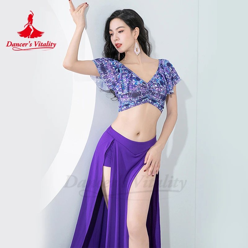 Belly Dance Clothing for Women New Training Costume Lotus Leaf Printed Top Double Split Half Skirt Adult Oriental Dancing Outfit