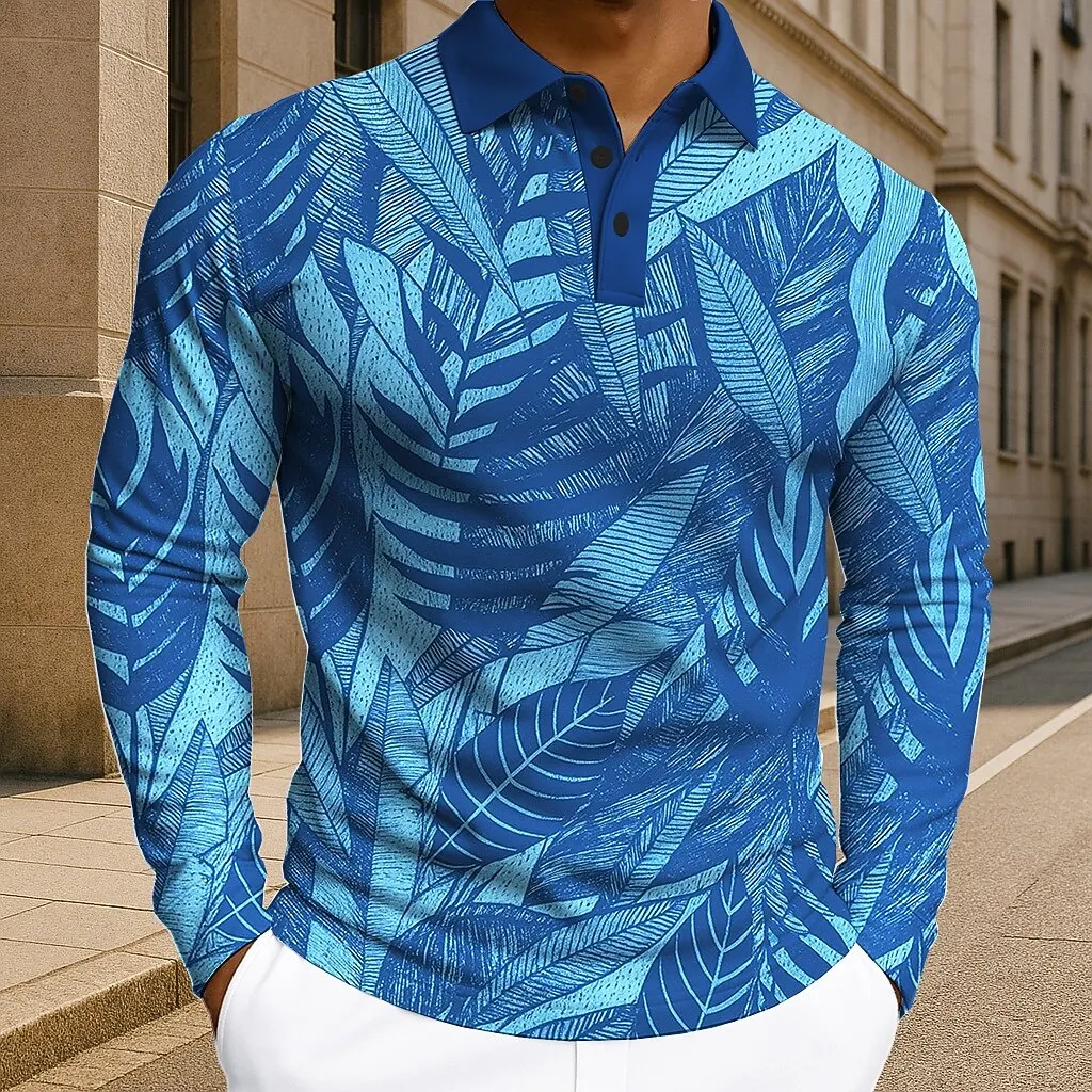 

3D Printed Vintage Leaf Graphic Men's Polo Shirt Fashion Creative Classic Long Sleeve Pullover Autumn Loose Button Lapel Clothes