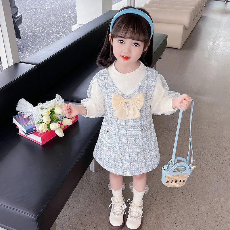 Girls' Spring and Autumn Blossomed Sleeves Bottom Shirt Children's Small Fragrant Style Bow Vest Skirt Two Piece Set