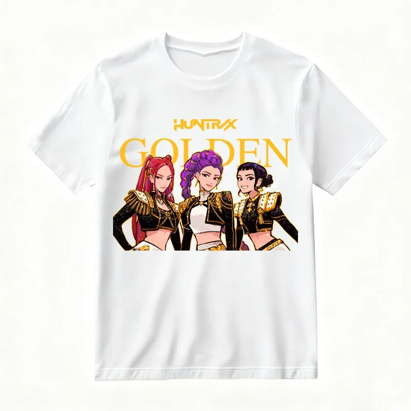 تي شيرت نسائي كبير الحجم مطبوع عليه شخصيات كرتونية ذهبية من Huntrix صيفي ضروري لأزياء الشارع KPop Demon Hunters Style #3