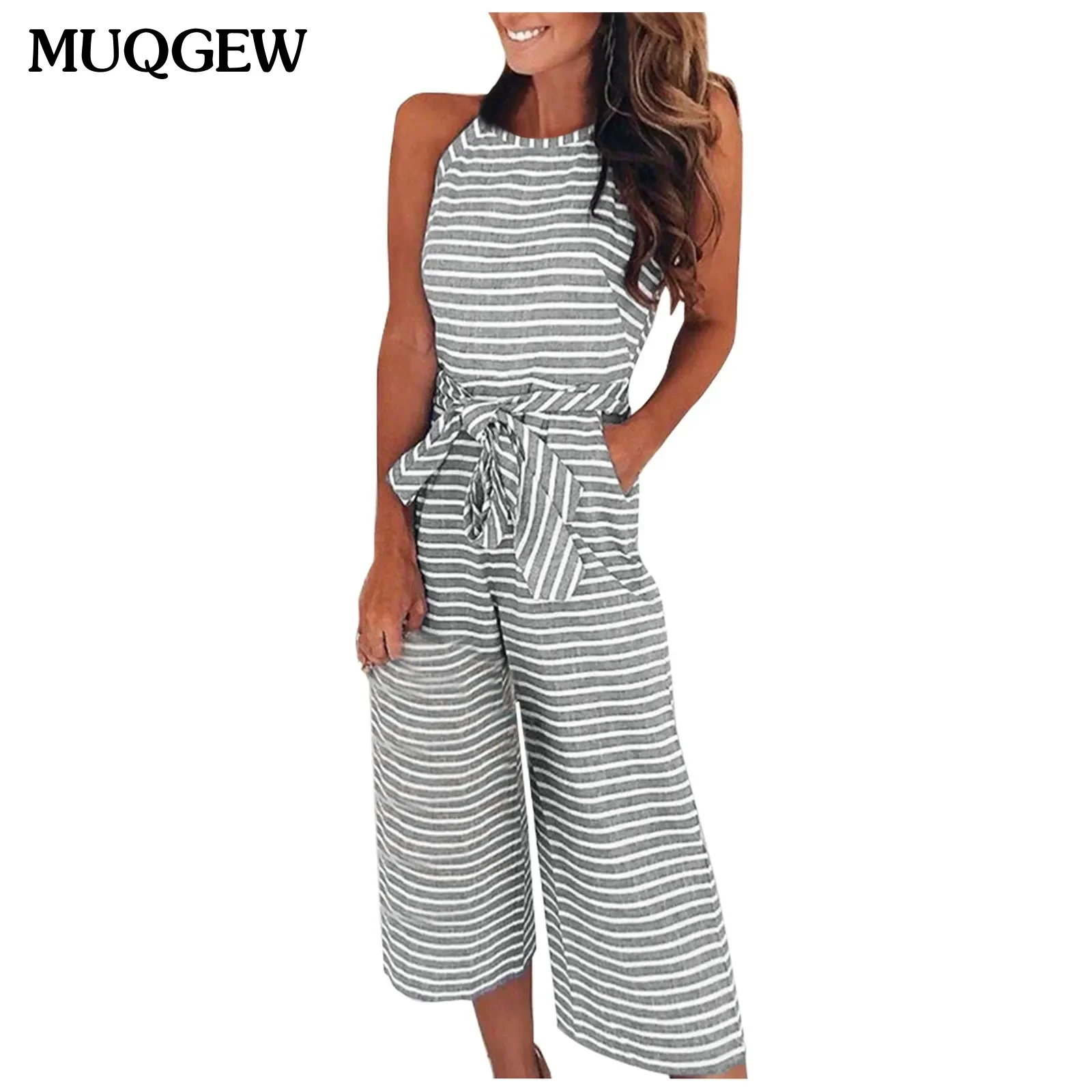 Casual Women Jumpsuit Off Shoulder Stripe Sleeveless Jumpsuit 2024 Lace Up High Street Summer Long Vacation Rompers