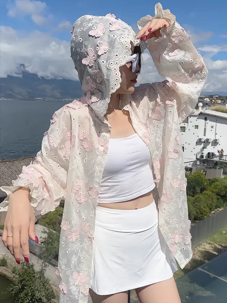 Sweet Butterfly Embroidery 3D Flowers Long Sleeve Hooded Sunscreen Shirt Women Thin Coat New Summer Loose Casual Long Blouse Top