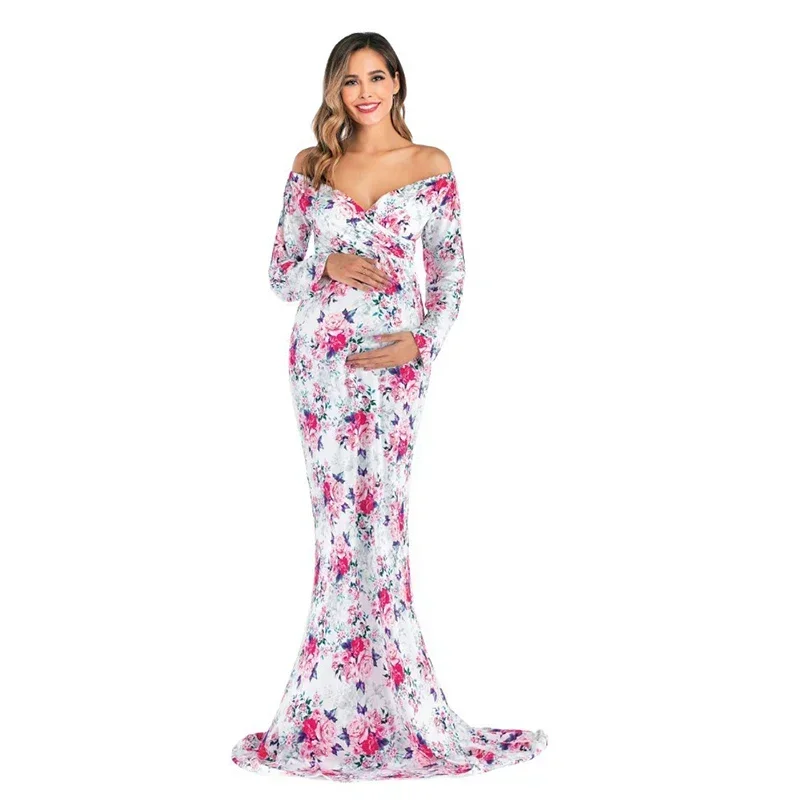 

Shoulderless Maternity Dresses Floral Long Pregnant Women Pregnancy Dress Photography Props Maxi Maternity Gown For Photo Shoots