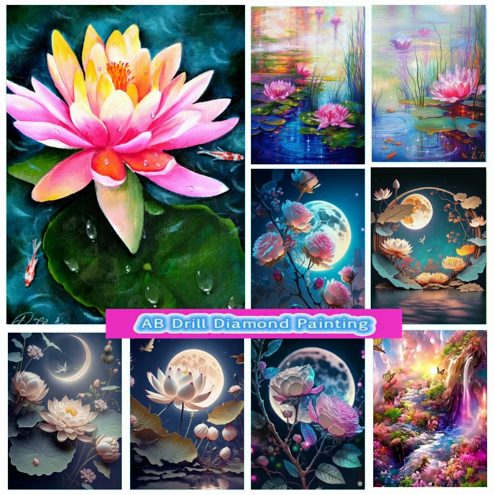 

Lotus Landspace 5d AB Drill Diamond Painting New Flowers Moon Bird Picture Mosaic Embroidery Art Diy Cross Stitch Kit Home Decor