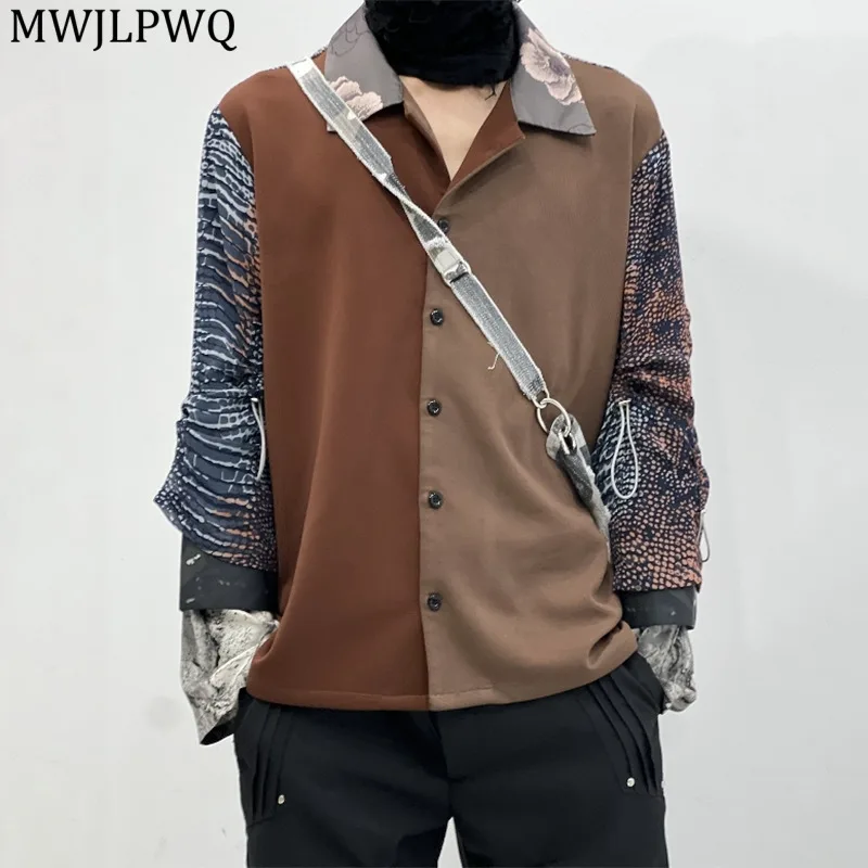 

MWJLPWQ Layered Print Design Floral Patchwork Shirt Male High Street Long Sleeve Niched Trendy Loose Unisex Casual Tops 11660