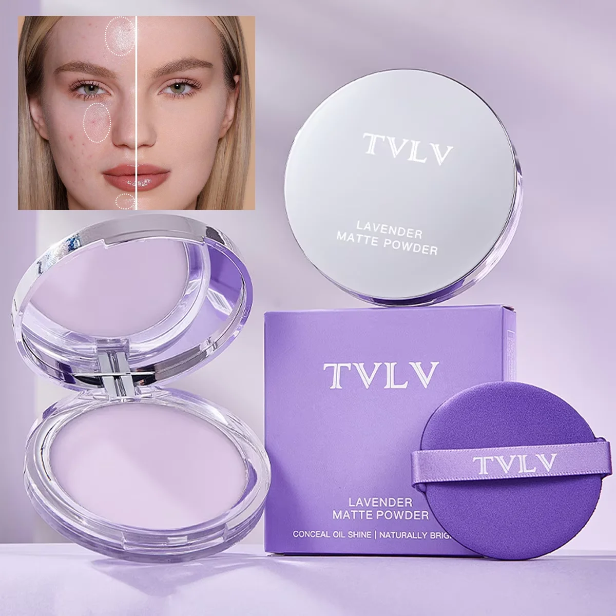 بودرة لافندر مضغوطة، بودرة غير لامعة للتحكم في الزيت، تغطية كاملة للوجه، بودرة أساس للمكياج