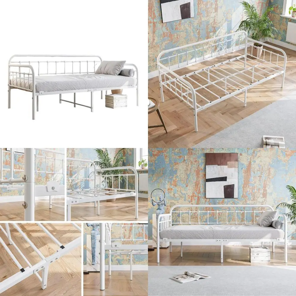 Twin Size Metal Daybed with Steel Slats, White Platform Bed Frame Furniture