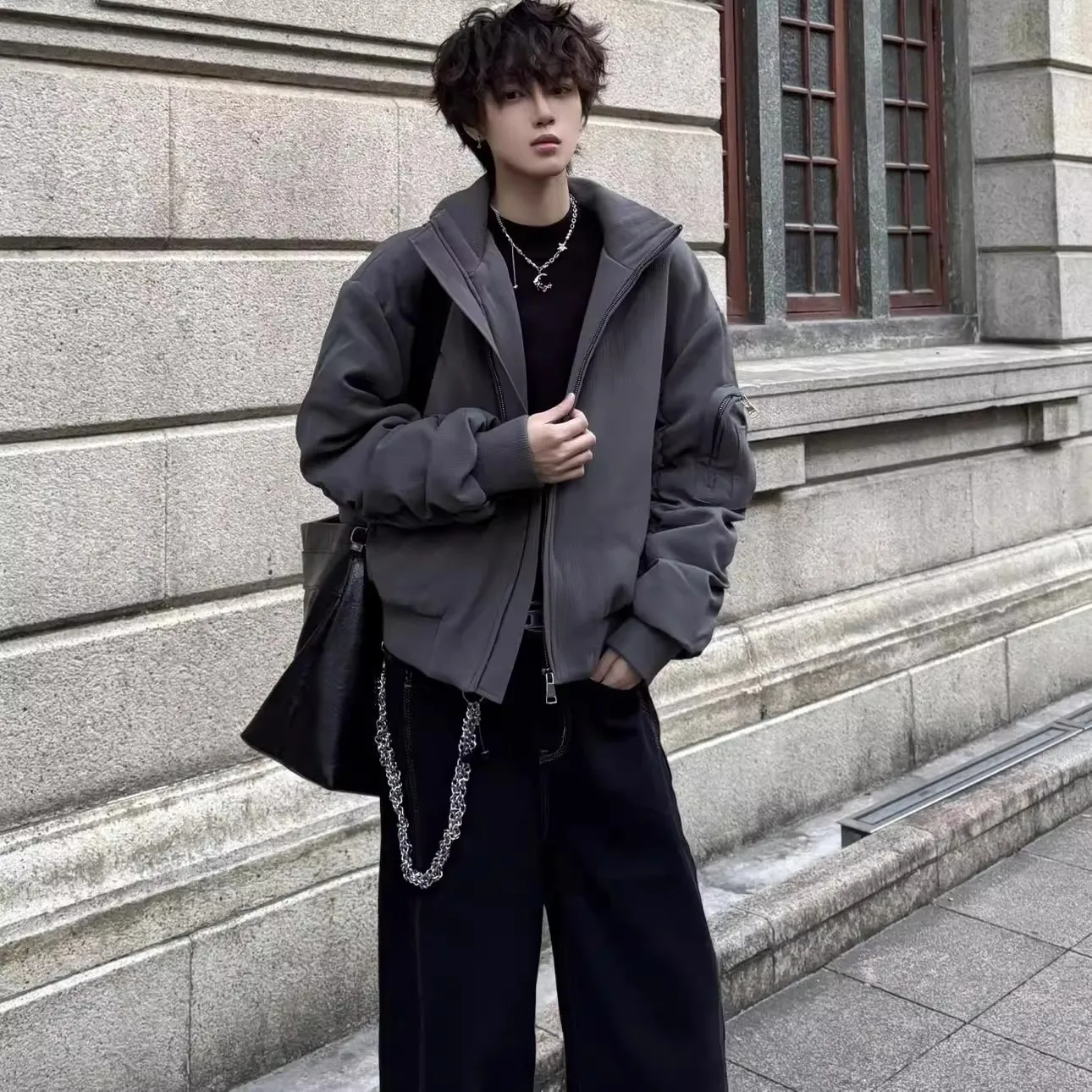 

American Streetwear Vintage Work Jaet Men's Thiened Casual Stand Collar Flight Baseball Coat Autumn Season Outerwear