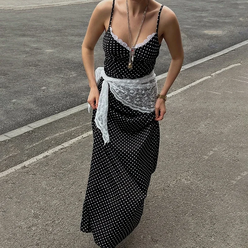 

Polka Dot Suspender Long Dress Women's Sexy Deep V Neck Lace Splice Elegant Dress Vacation Slim Dresses 2025 Summer New