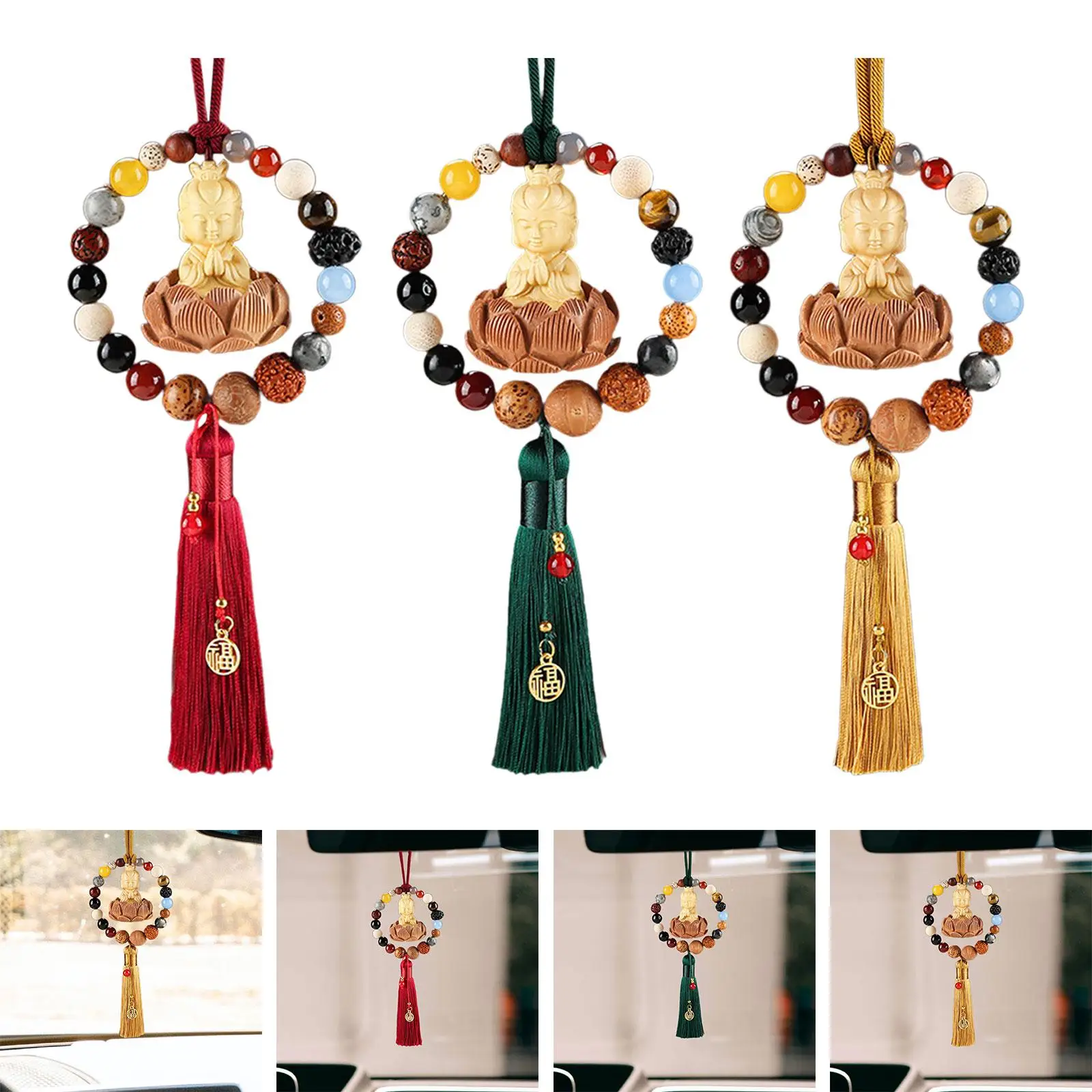 عام بوذا تمثال سيارة مرآة الرؤية الخلفية قلادة مع شرابة الخشب نعمة حسن الحظ الزخرفية العالمي المتدلي حلية